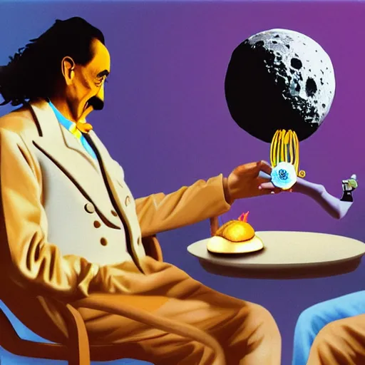 Prompt: Albert Einstein and Salvador Dali a Big Mac on the moon, trending on artstation