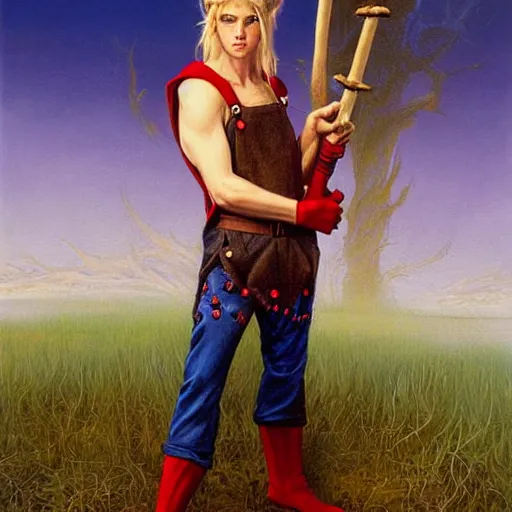 Image similar to an elf with spiky blonde hair wearing dark brown overalls and holding dynamite. painting by Gerald Brom