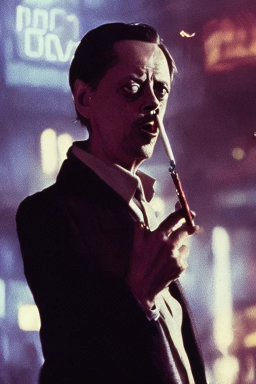 Image similar to oil painting of film still of steve buscemi smoking a cigarette in blade runner, 4 k