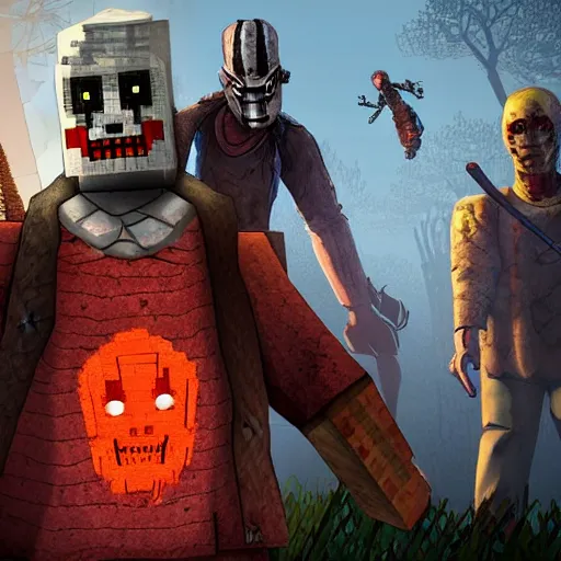 Image similar to dead by daylight in the style of minecraft