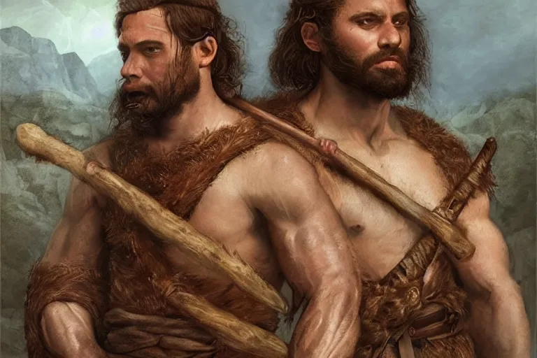 Image similar to renaissance full body portrait of a gruff ranger with a spear, lean and toned, handsome face, hairy chest and hairy body, D&D, intricate, elegant, highly detailed, digital painting, artstation, concept art, matte, sharp focus, chiaroscuro, well list, illustration, art by Da Vinci, Artgerm and Greg Rutkowski and Alphonse Mucha