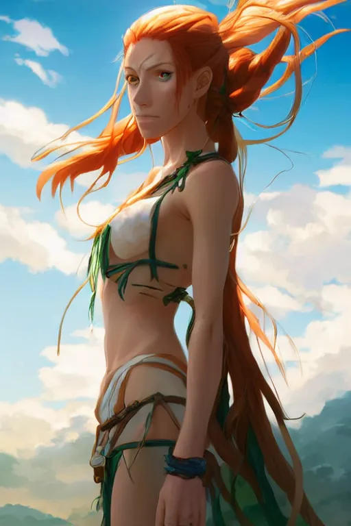 Image similar to long ginger hair, tanned woman in a prehistoric outfit, green eyes, by artgerm, hair tied in a ponytail, white backdrop, soft lighting, blue colors, by greg rutkowski makoto shinkai takashi takeuchi