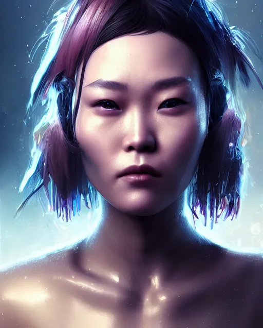 Prompt: detailed portrait Rinko Kikuchi, solarpunk futuristic utopia, scifi android, hair made of stars, by Darren Bartley Wojtek Fus Frederic Bennett, Perfect face, fine details, realistic shaded, fine-face, pretty face