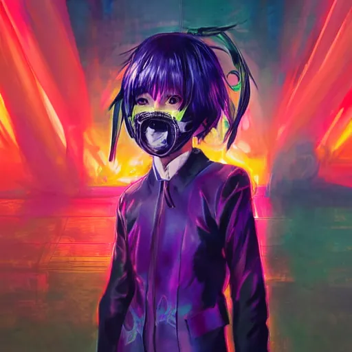 Image similar to portrait of the tokyo - ghoul masked joyful adolescent tiktoker girl aurora, purple dawn in neon santiago of chile on the background, concept art by yoji shinkawa, ryuichi sakamoto, esao andrews and yoshitaka amano