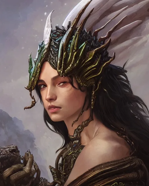 Prompt: Portrait of a dragon person, HD, illustration, epic, D&D, fantasy, intricate, elegant, highly detailed, digital painting, artstation, concept art, smooth, sharp focus, illustration, art by artgerm and greg rutkowski and alphonse mucha, monster hunter illustrations art book