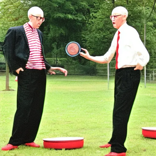 Image similar to gilbert and george playing with frisbees, in the park, where's wally