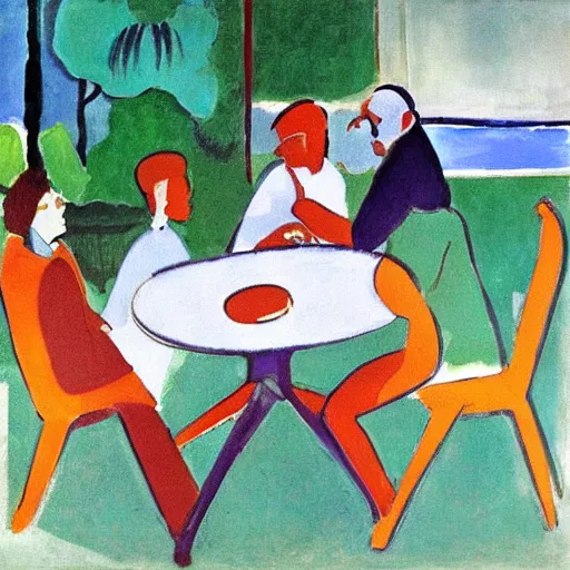 Prompt: four people are very tired and ly on the table in a beautiful garden at lake como. painting by matisse.