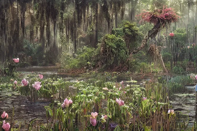 Image similar to hyperrealism, scene from louisiana swamps, starship, spring blooming flowers garden, true detective, 8 0 s japanese sci - fi books art