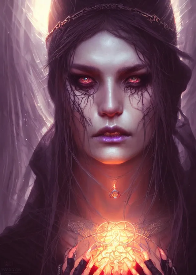 Image similar to Necromancer Sorceress face close-up macro in center, fantasy magic, undercut hairstyle, dark light night, intricate, elegant, sharp focus, illustration, highly detailed, digital painting, concept art, matte, art by WLOP and Artgerm and Greg Rutkowski and Alphonse Mucha, masterpiece