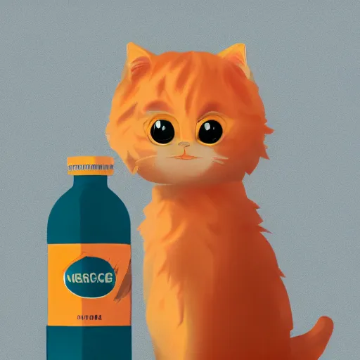Prompt: a fluffy orange cat standing next to a bottle of medicine. animal. digital art. artstation. illustration.