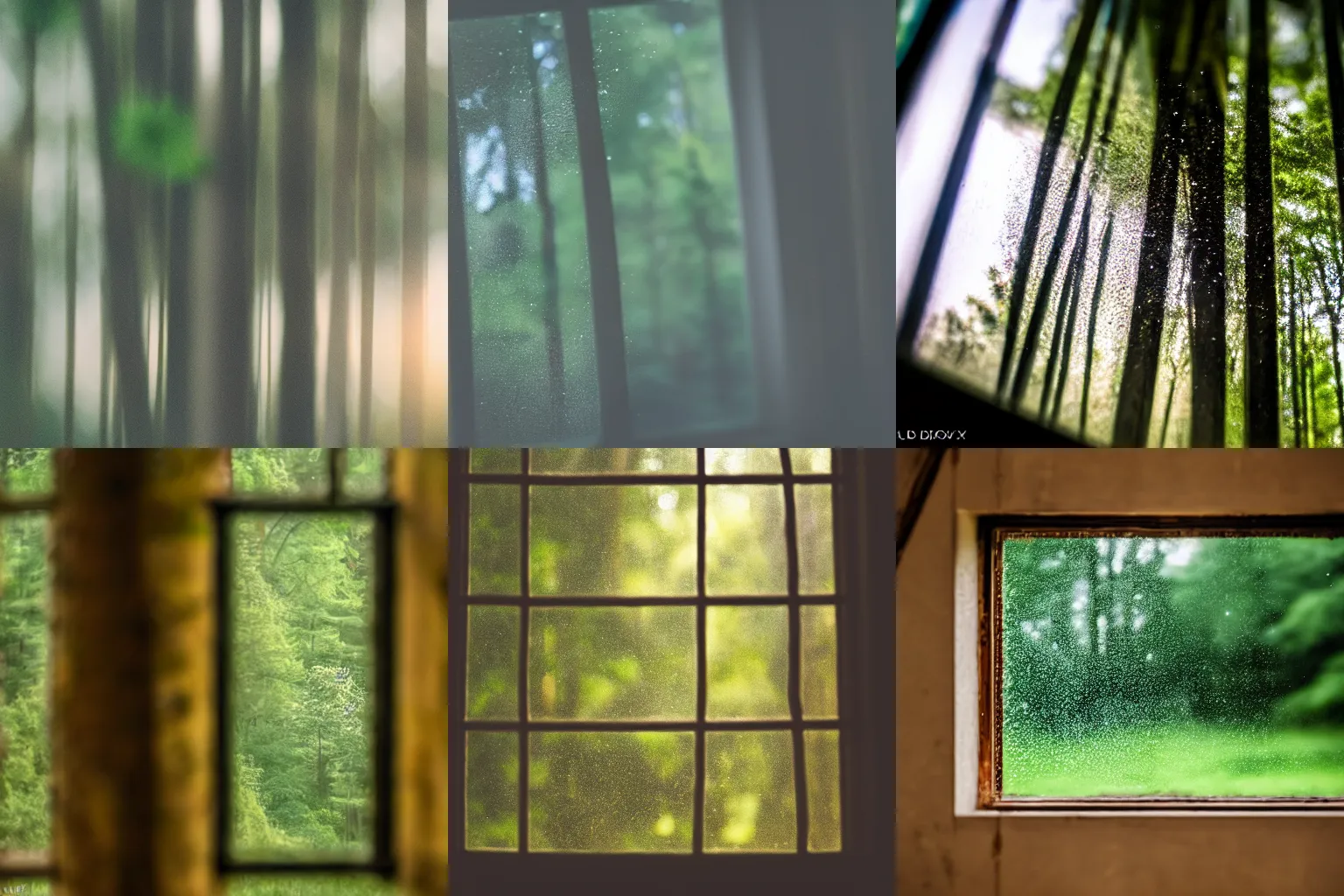 Prompt: forest seen through a condensed window, macro photography, DSLR, sony a7III, nature photography, shallow depth of field, 4K, cinematic lighting