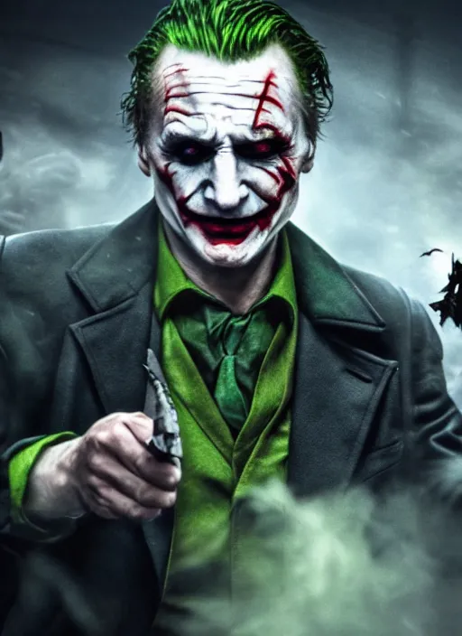 Image similar to Liam Neeson as the Joker, defeating Batman, realistic, digital art, 4k, cinematic lighting, explosion in the background