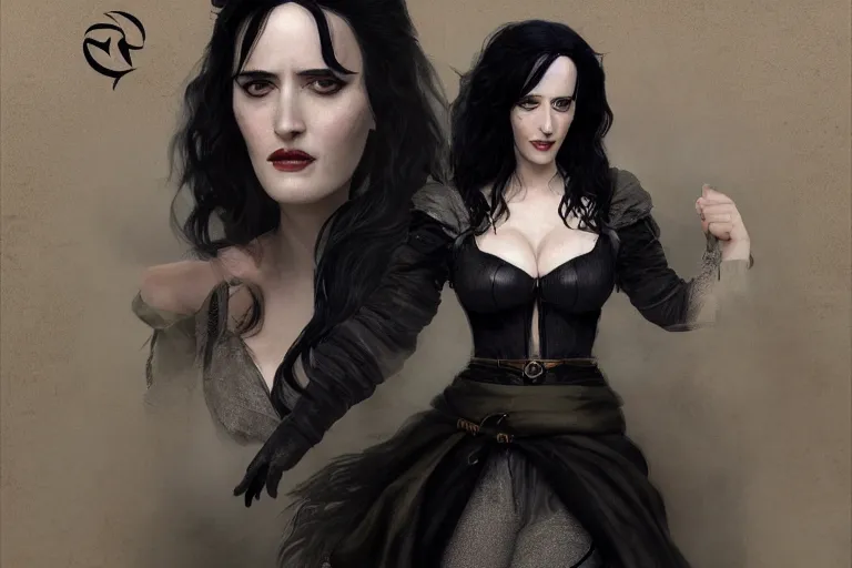 Prompt: A full body portrait of Eva Green as Yennefer from the Witcher in her alternative outfit Game by Ruan Jia and Mandy Jurgens and Artgerm and william-adolphe bouguerea, highly detailed, trending on artstation, award winning, H 768