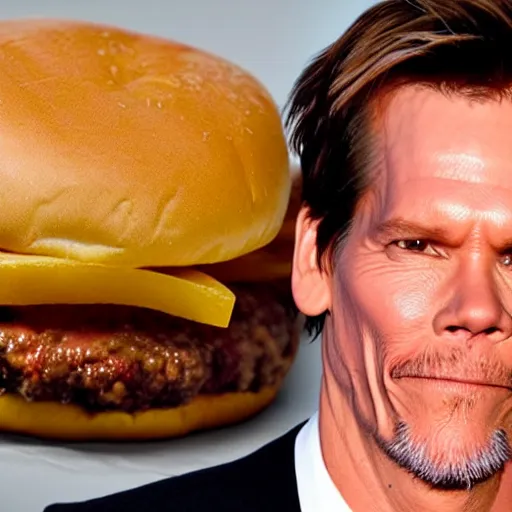 Prompt: kevin bacon's face between two loafs of a cheeseburger