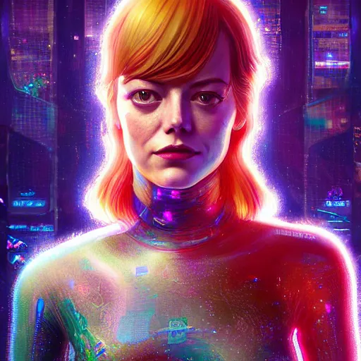 Image similar to cosmic cyberpunk portrait of emma stone, hyper detailed, digital art, trending in artstation, cinematic lighting, studio quality, smooth render, unreal engine 5 rendered, octane rendered, art style by klimt and nixeu and ian sprigger and wlop and krenz cushart.