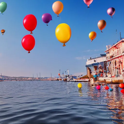 Image similar to photo of a lot of birthday balloons floating above a beautiful maritime port. sharp focus, highly - detailed, award - winning