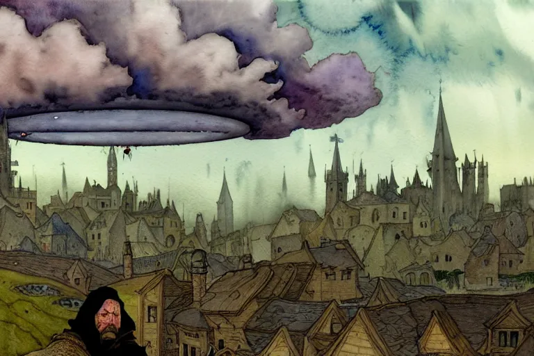 Prompt: a hyperrealist watercolor concept art of dozens of alien ufos in the sky above a medieval city during a thunderstorm. a dirty medieval peasant child is in the foreground. very muted colors, by rebecca guay, michael kaluta, charles vess. high detail, hq, wide shot, 4 k