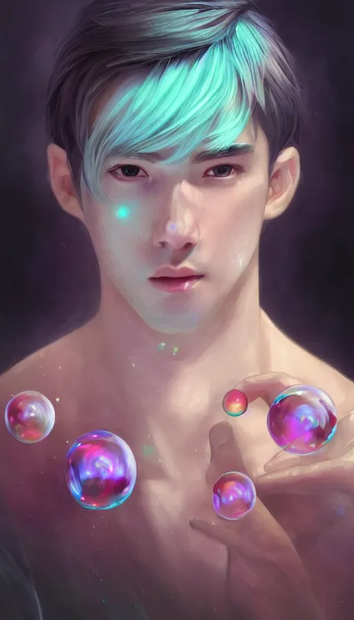 Image similar to man gets samsung galaxy 2 2, dreamy and ethereal, expressive pose, big pink eyes, exciting expression, fantasy, intricate, elegant, many rainbow bubbles, rose tones, highly detailed, digital painting, artstation, concept art, cyberpunk wearing, smooth, sharp focus, illustration, art by artgerm and greg rutkowskiand alphonse mucha