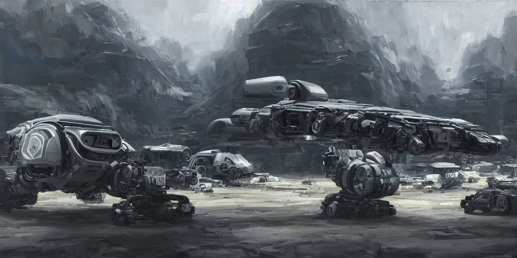 Prompt: highly detailed robotic vehicle in a scifi landscape by feng zhu, perfect geometry, hyper - detailed, sharp, beautiful, desaturated, oil on canvas