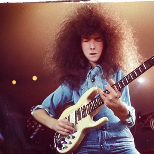 Image similar to 19-year-old girl wearing double denim, thick shaggy hair, permed hair, holding electric guitar, 1971, proto-metal concert, live at Royal Albert Hall, concert lighting