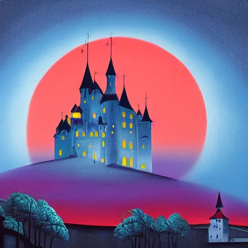 Prompt: beautiful ultra detailed painting of a haunted castle by eyvind earle, red background, vibrant colors, concept piece, high quality