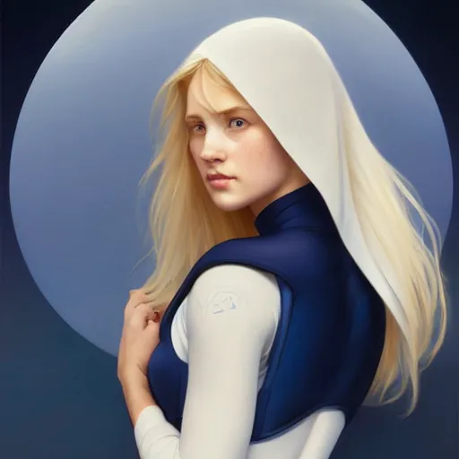 Image similar to a beautiful portrait of a beautiful cute young woman shoulder - length blonde hair superhero wearing a tight solid matte navy blue lycra suit white cape white cowl white shoulders, blue eyes, intricate, elegant, 8 k, highly detailed, digital painting, concept art, smooth, sharp focus, illustration, by artgerm greg rutkowski alphonse mucha loish wlop