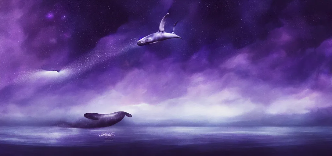 Prompt: an epic wide angle shot of a lonely whale flying above the sea, cosmic starry sky, concept art, purple theme atmospheric lighting by leesha hannigan