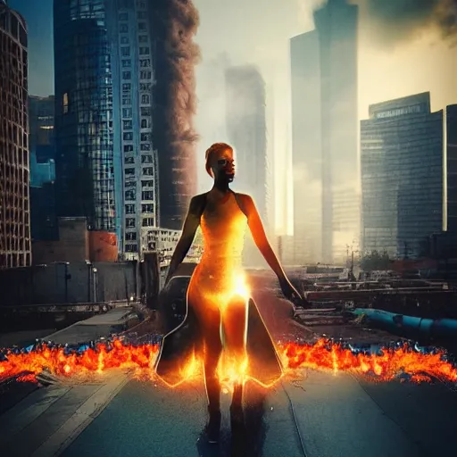 Prompt: a sci - fi woman on a city, city on fire, giant, photoshop, creative and cool, photo manipulation