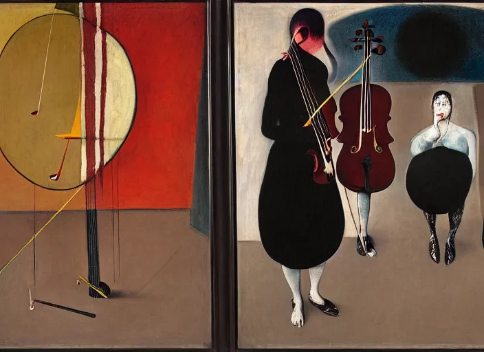 Image similar to two violin young violin players din distress, francis bacon and pat steir and nicolas party and hilma af klint, james jean, psychological, intriguing details, altermodern