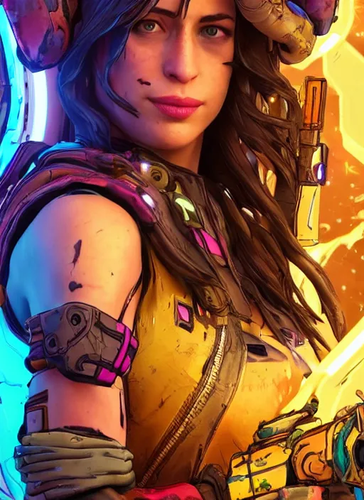 Image similar to glowwave portrait of dakota johnson from borderlands 3, au naturel, hyper detailed, digital art, trending in artstation, cinematic lighting, studio quality, smooth render, unreal engine 5 rendered, octane rendered, art style by klimt and nixeu and ian sprigger and wlop and krenz cushart.