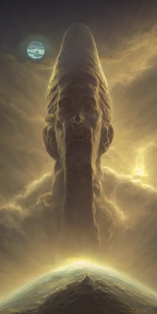 Image similar to symmetry!! anunaki god overlooking the earth, peaking from above the clouds, ancient astronauts, very detailed, intricate, perfect lighting, perfect composition, artstation, artgerm, derek zabrocki, greg rutkowski, 4 k