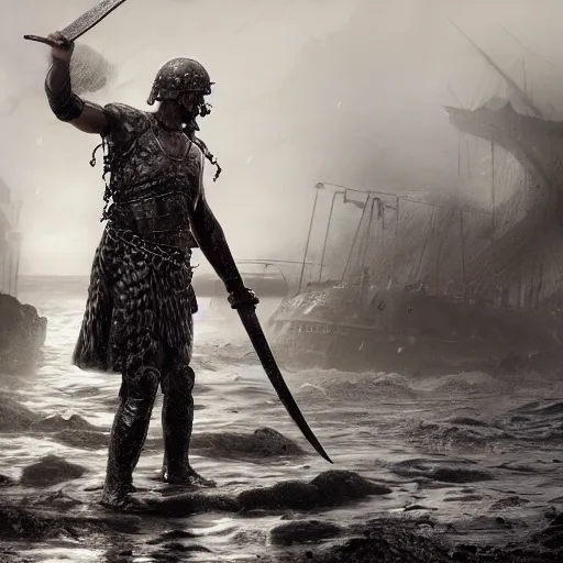 Prompt: a wet roman soldier, holding a sword, on a foggy beach, roughs seas as wreckage of a roman naval ship is wrapped in eldritch tentacles and eels, epic fantasy. highly detailed, dramatic lighting, octane render, 8 k concept art, matte painting, cinematic lighting