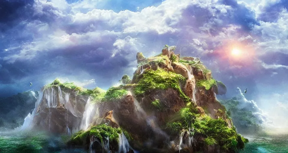 Prompt: A magnificent floating island in the sky above the sea, defying gravity, floating island, flying island, waterfall falling down, epic lighting, epic composition, highly detailed