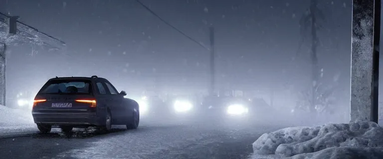 Image similar to Audi A4 B6 Avant (2002), a gritty neo-noir, dramatic lighting, cinematic, eerie person silhouette, death, homicide, homicide in the snow, gunshots, establishing shot, extremely high detail, photorealistic, cinematic lighting, artstation, by simon stalenhag, Max Payne (PC) (2001) winter new york at night, Max Payne 2 graphic novel style, flashing lights, Poets of the Fall - Late Goodbye