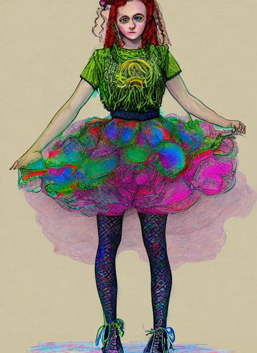 Image similar to surrealism psychedelic full body portrait sketch of evanna lynch as sadie sink as delirium of the endless in fishnet top and rainbow tutu skirt from the sandman, floating goldfish, green and blue eye heterochromia by alex ross, josh kirby, detailed, elegant, intricate