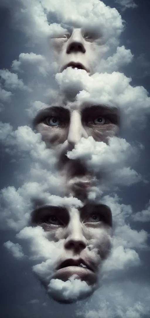 Image similar to human faces trapped in clouds, scary, horror, weird, surreal