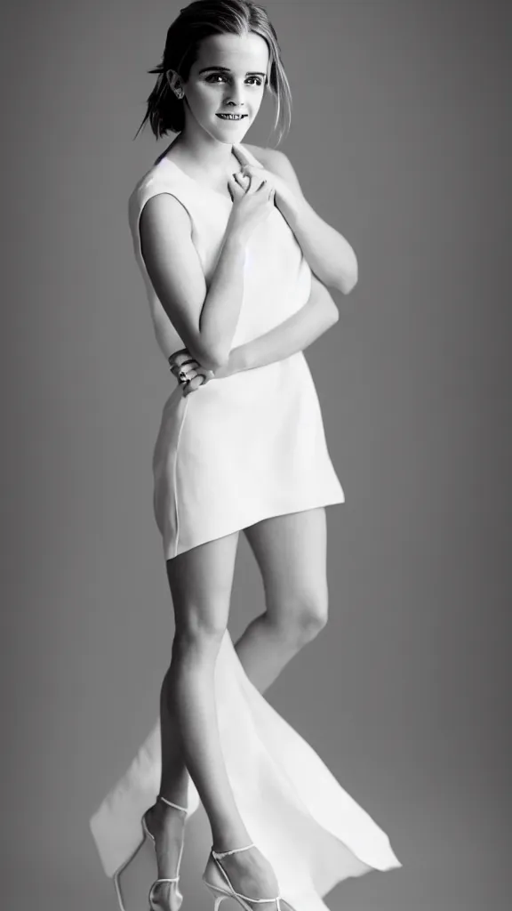 Prompt: an extremely beautiful studio photo of smiling emma watson wearing heels and a white dress, in a white room, pale skin, bokeh, very very very very beautiful!!, hard focus, full body shot, 9 0 mm, f / 1. 2 5