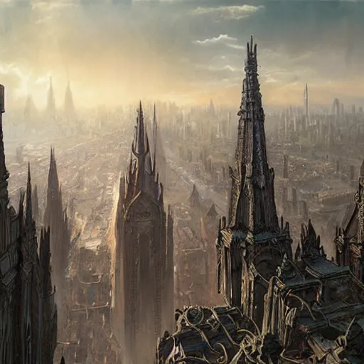 Image similar to an ultra detailed matte painting of a lonely and impossibly elevated temple district of the damned god, with a lone tall ominous gothic dark tower elevated high above the city, in a river elevated high above the city, fantasy capital city, ultrawide lense, aerial photography, volumetric lighting, exquisite detail, 8 k, art by greg rutkowski and alphonse mucha