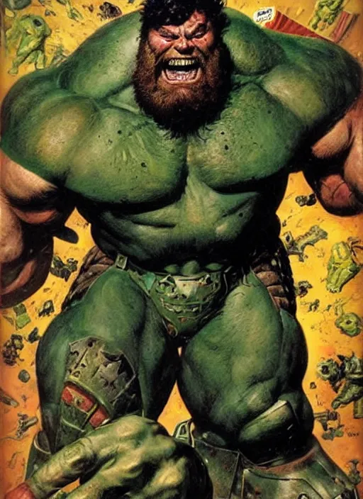 Prompt: full body and head portrait of brian blessed as marvel hulk in metal armour, dynamic action, painted by norman rockwell and phil hale and greg staples and tom lovell and frank schoonover and jack kirby