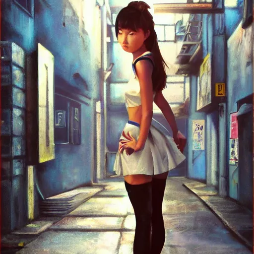 Prompt: a perfect, realistic professional 80s oil painting of a Japanese schoolgirl posing in a dystopian alleyway, style of Marvel, full length, by a professional American senior artist on ArtStation, a high-quality hollywood-style concept