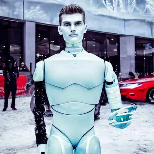 Image similar to made of ice, a realistic detailed photo of a guy who is an attractive humanoid who is half robot and half humanoid, who is a male android, on display, blank stare, showing off his muscles, shiny skin, posing like a statue, by the pool, frozen ice statue, f 1 driver max verstappen, humanoid robot