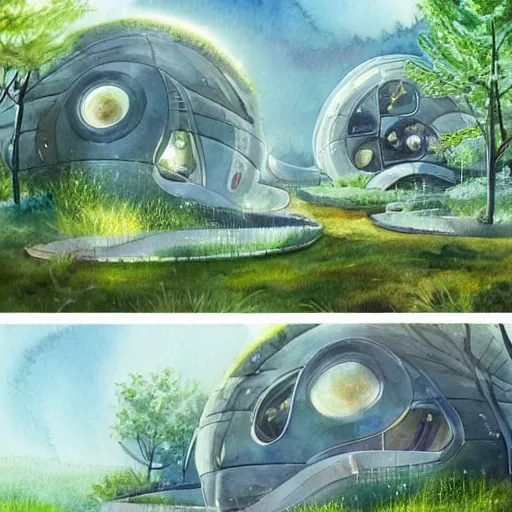 Image similar to beautiful happy picturesque charming sci - fi organic pod - like homes of the future in a beautiful natural scene. water, trees and rocks. beautiful light. soft colour scheme. beautiful artistic detailed watercolor by lurid. ( 2 0 2 2 )