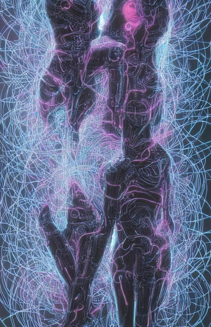 Image similar to an cybernetic goddess, contemplating existence, beyond the known universe, fine art, bokeh, omnidimensional, ocd, electroluminescent wire by wayne barlowe