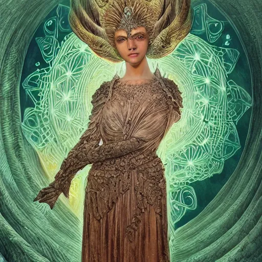 Image similar to 3 d goddess minerva, medium shot portrait. beautiful hyperrealistic intricate highly detailed and richly embroidered with esoteric symbols gown, surrounded by stacks of books bioluminescent, curious, plasma, 4 k surrealism