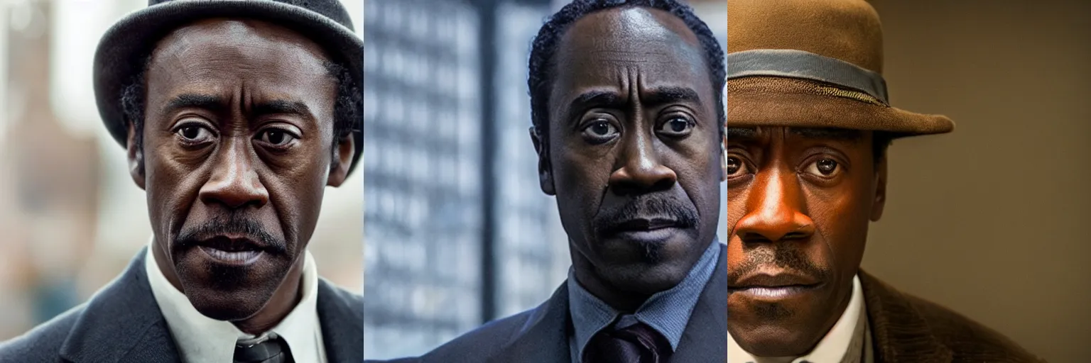 Prompt: close-up of Don Cheadle as a detective in a movie directed by Christopher Nolan, movie still frame, promotional image, imax 70 mm footage