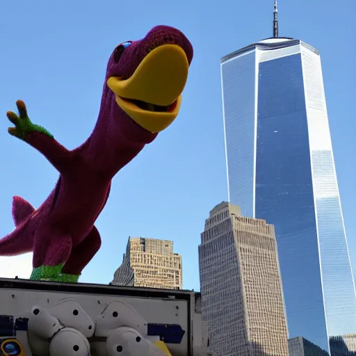 Image similar to Barney the Dinosaur flying a 777 right into one of the world trade center buildings