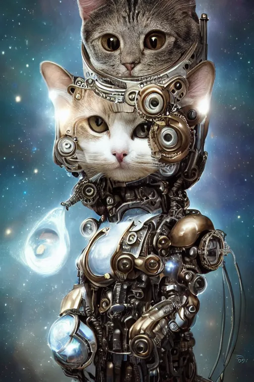 Image similar to a beautiful intricate fine art portrait photo of a a mechanical industrial steampunk cybernetic cute cat with large eyes against galactic space, soft backlight, by tom bagshaw and zach sutton, perfection!, milk bath photography, studio lighting, 5 0 mm lens, very detailed, bionic, cybernetic scifi, deep depth of field, artstation, 8 k, highly coherent