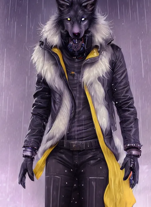 Image similar to award winning beautiful portrait commission of a male furry anthro albino wolf fursona with a tail and a cute beautiful attractive detailed furry face wearing stylish black and yellow cyberpunk biker clothes in a cyberpunk city at night while it rains. Character design by charlie bowater, ross tran, artgerm, and makoto shinkai, detailed, inked, western comic book art