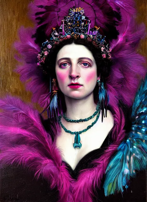 Image similar to highly detailed oil painting | very intricate | cinematic lighting | black, magenta and turquoise color scheme, dark background | the queen of heaven by jake hicks, dressed in feathers | by roberto ferri, by gustav moreau, by singer sargent and klimt, american romanticism, occult art | by austin osman spare, artstation, cgsociety, official art, octane