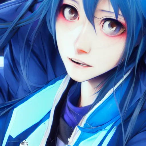 Prompt: ene from mekakucity actors, wearing blue jacket, cool color palette, digital art by aramaki shinji, by artgerm, by cushart krenz, by wlop, colorful, insanely detailed and intricate, hypermaximalist, elegant, ornate, hyper realistic, super detailed